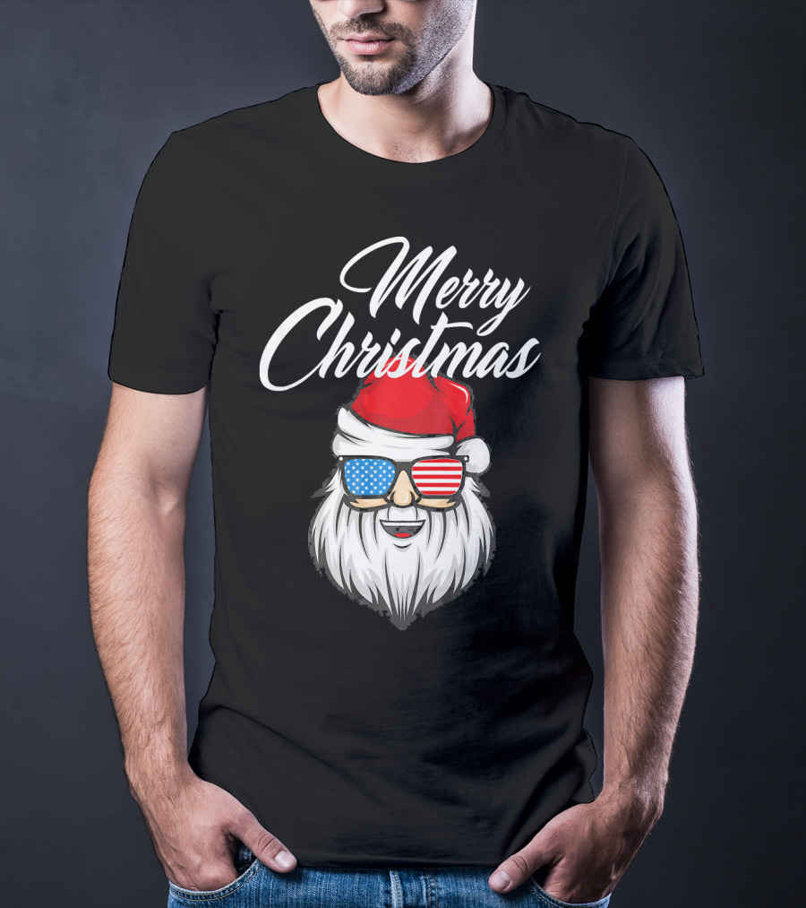 Merry Christmas Santa Claus Patriotic US Flag Sunglasses T-Shirt