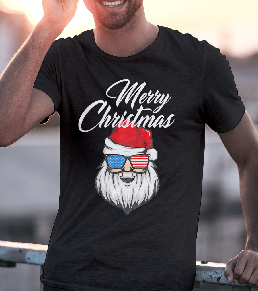 Merry Christmas Santa Claus Patriotic US Flag Sunglasses T-Shirt