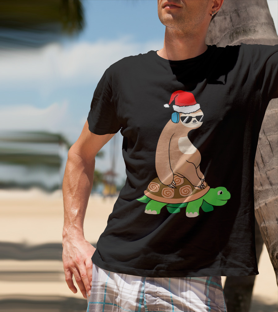 Xmas Sloth Riding Turtle Lazy Sloth Santa Hat Sunglasses T-Shirt
