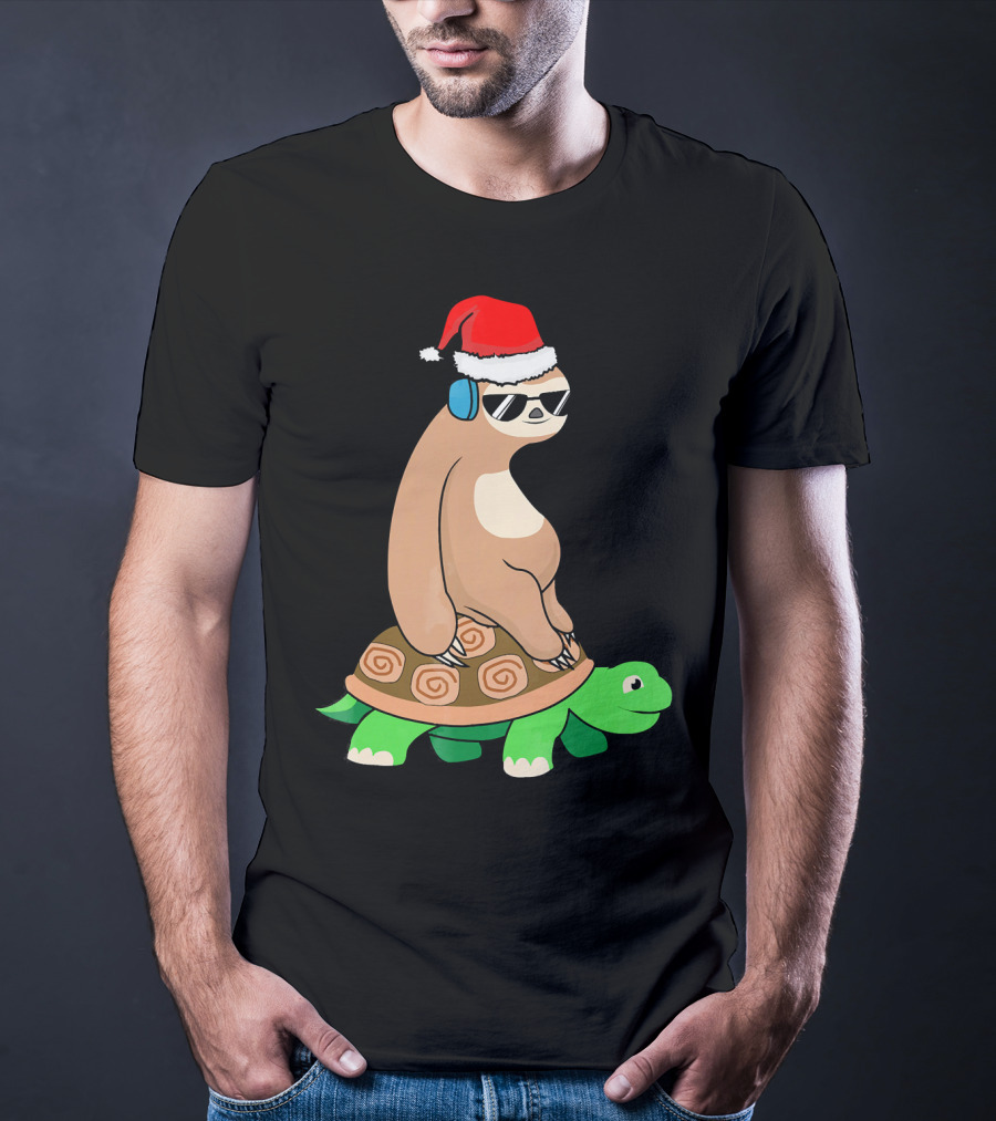 Xmas Sloth Riding Turtle Lazy Sloth Santa Hat Sunglasses T-Shirt