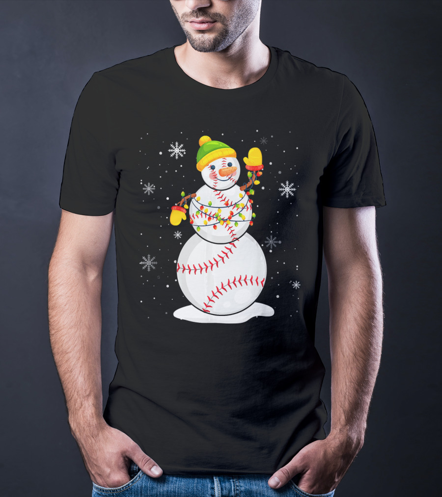 Christmas Snowman With Baseball Stitching And Santa Hat T-Shirt