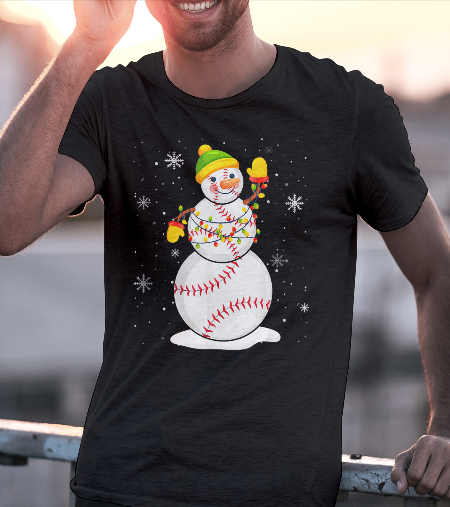 Christmas Snowman With Baseball Stitching And Santa Hat T-Shirt