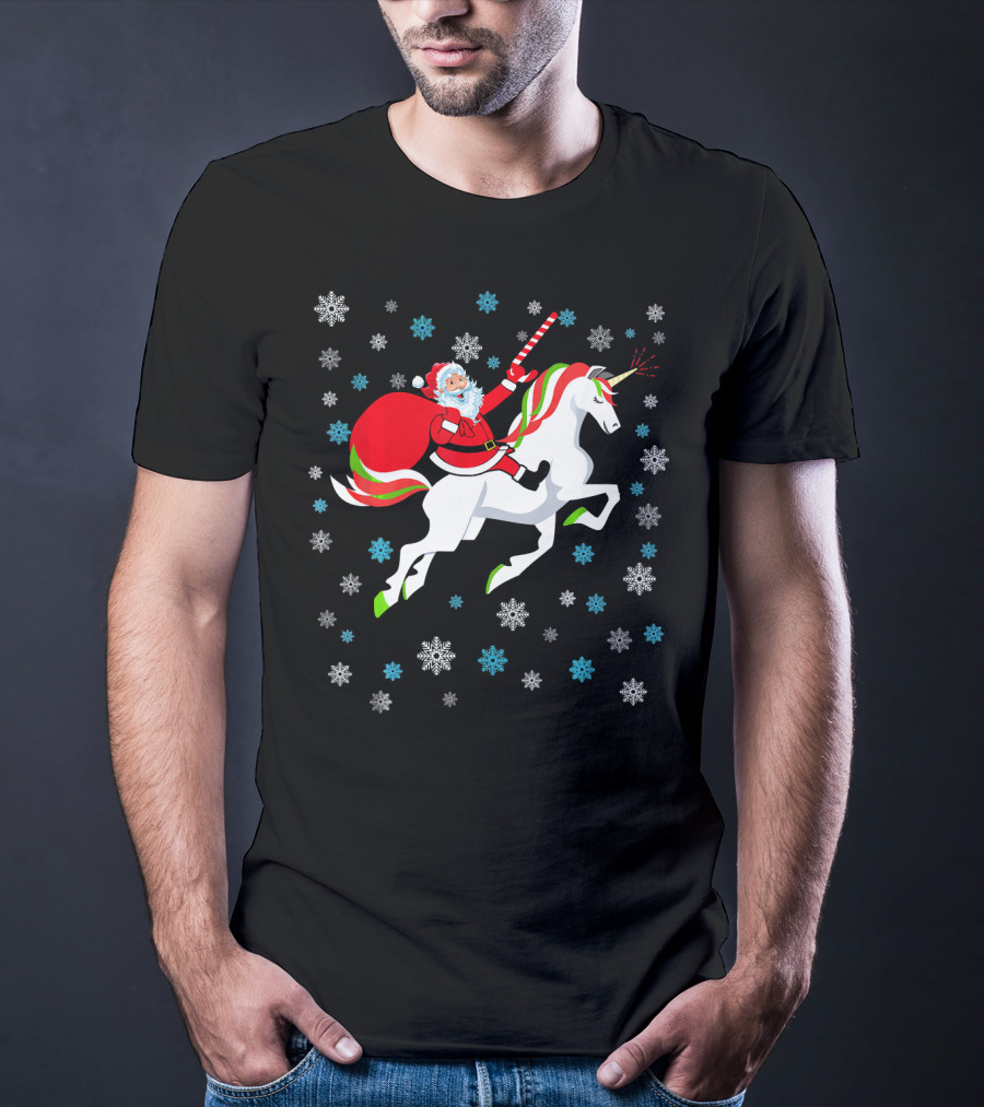 Christmas Unicorn Santa Riding Through Snowflakes T-Shirt