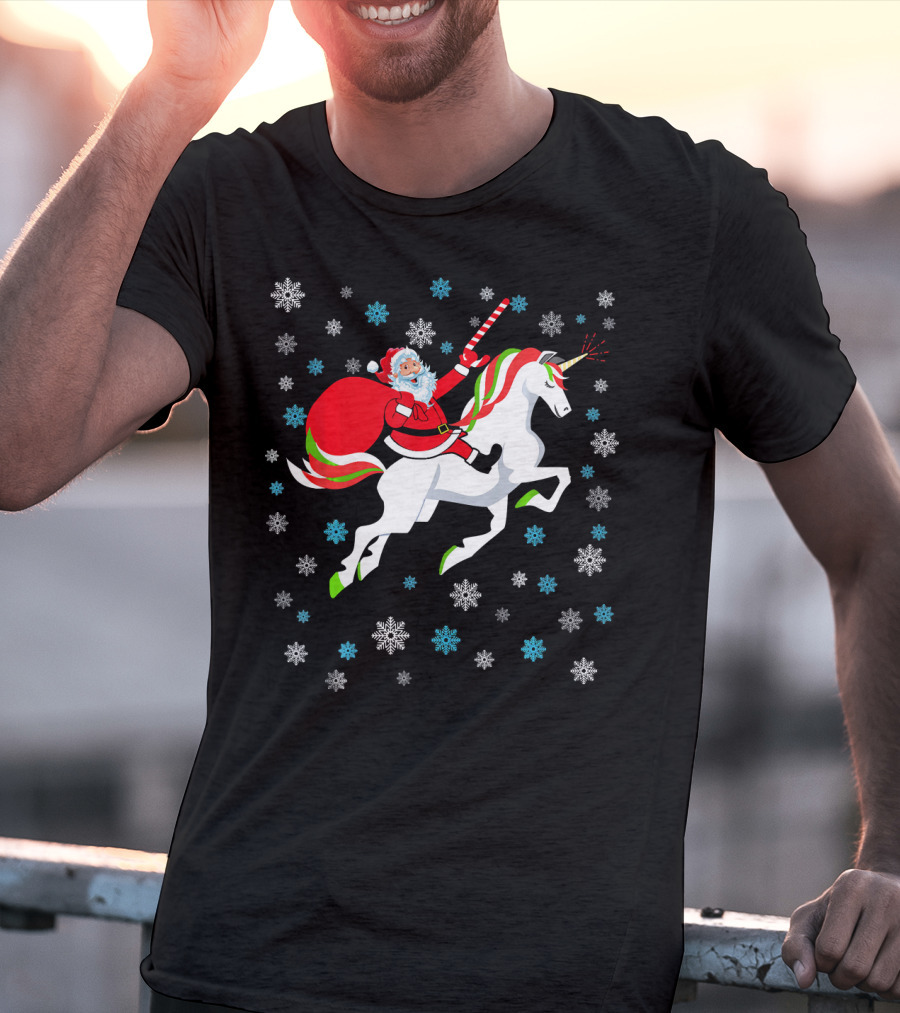 Christmas Unicorn Santa Riding Through Snowflakes T-Shirt