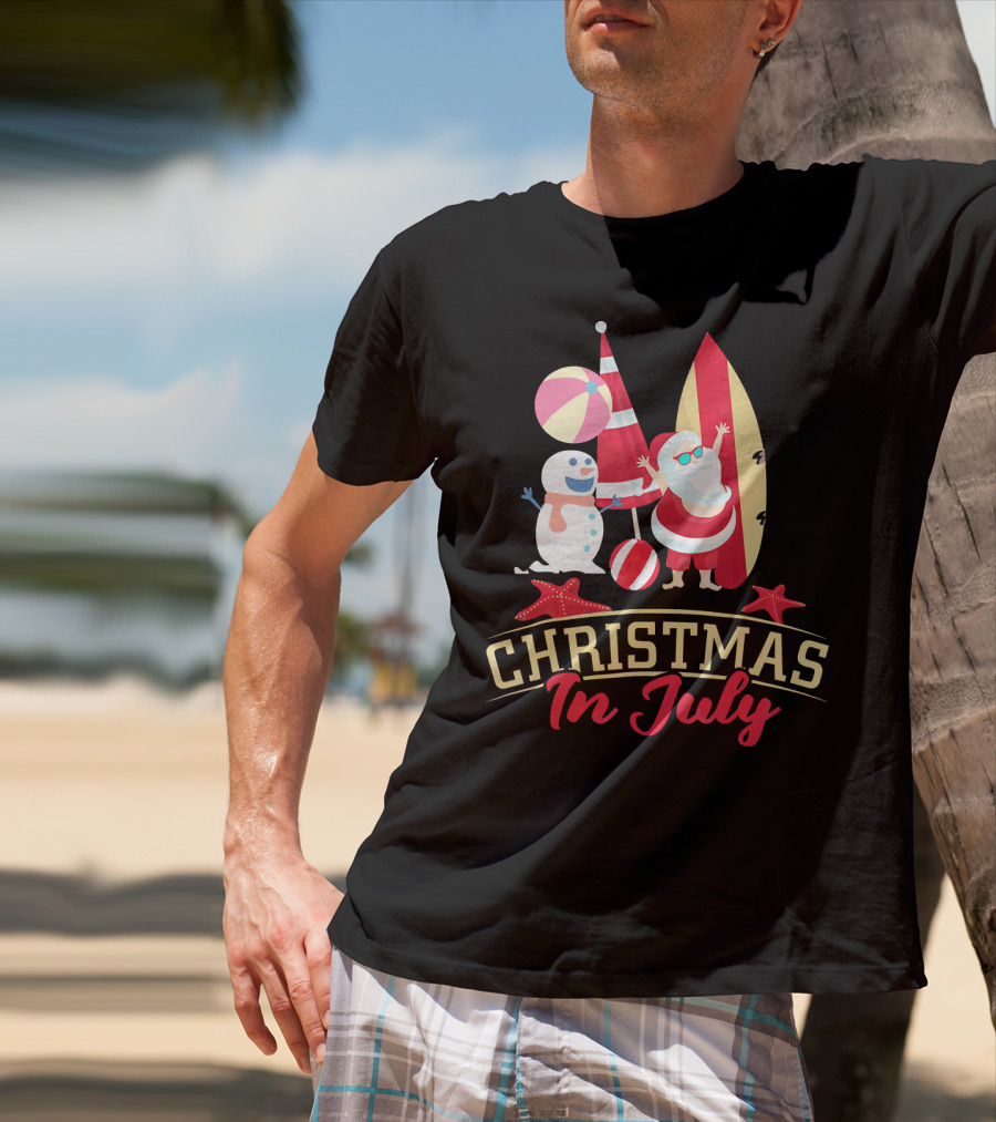 Christmas In July Santa Surfing Snowman Beach Ball T-Shirt