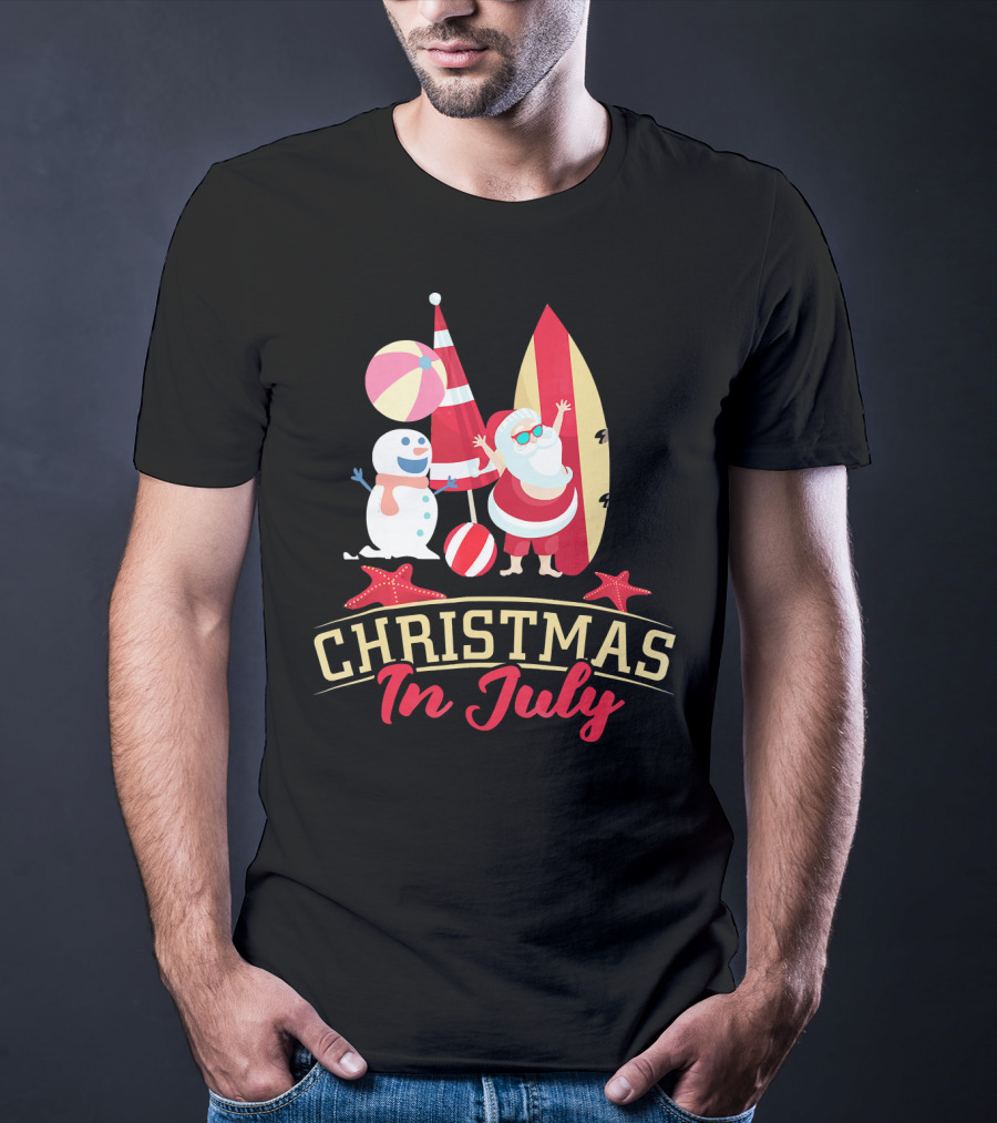 Christmas In July Santa Surfing Snowman Beach Ball T-Shirt