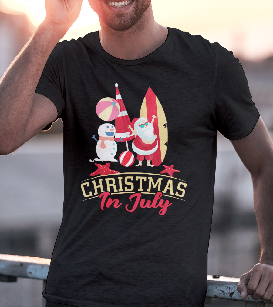 Christmas In July Santa Surfing Snowman Beach Ball T-Shirt