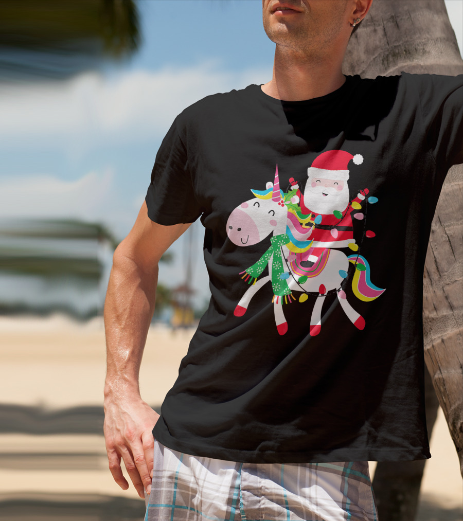 Santa Claus Riding Unicorn With Christmas Lights And Scarf T-Shirt