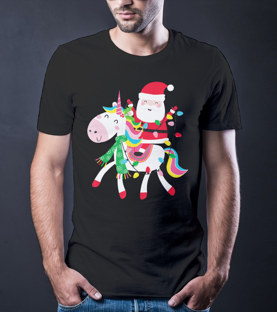 Santa Claus Riding Unicorn With Christmas Lights And Scarf T-Shirt