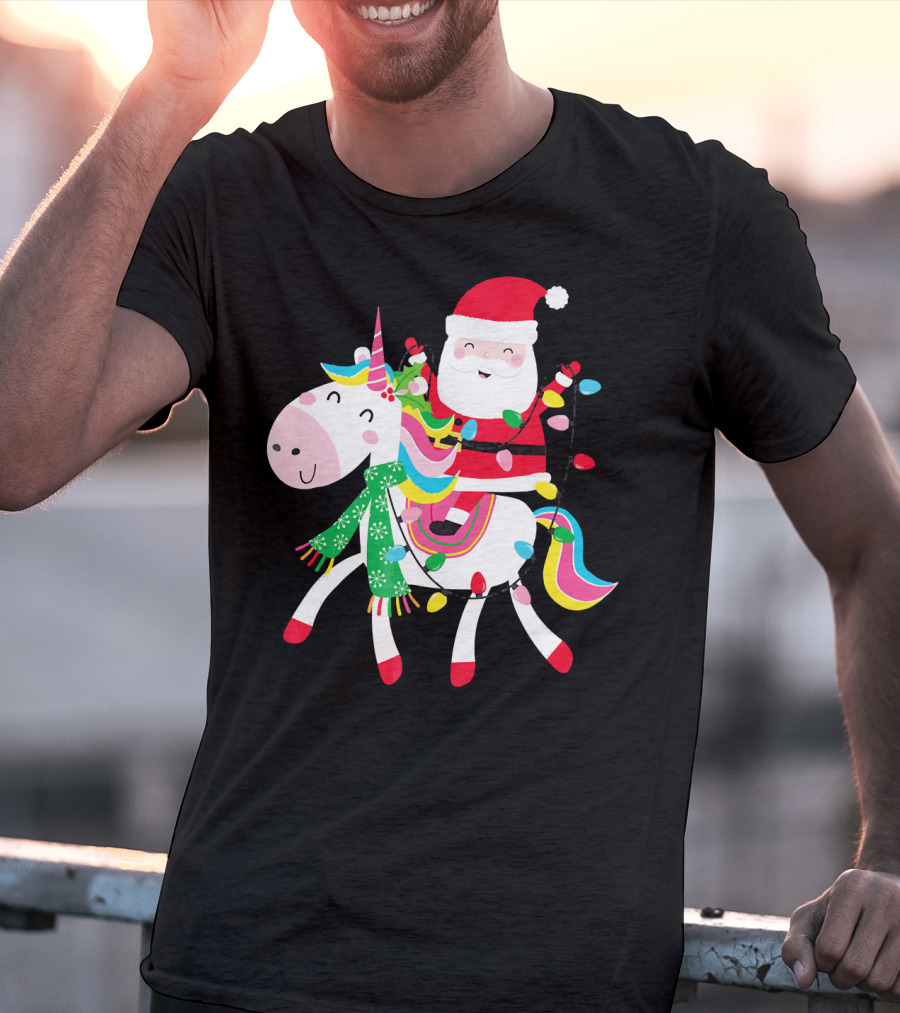 Santa Claus Riding Unicorn With Christmas Lights And Scarf T-Shirt