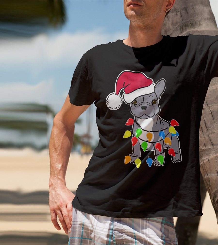 Santa French Bulldog With Christmas Lights T-Shirt