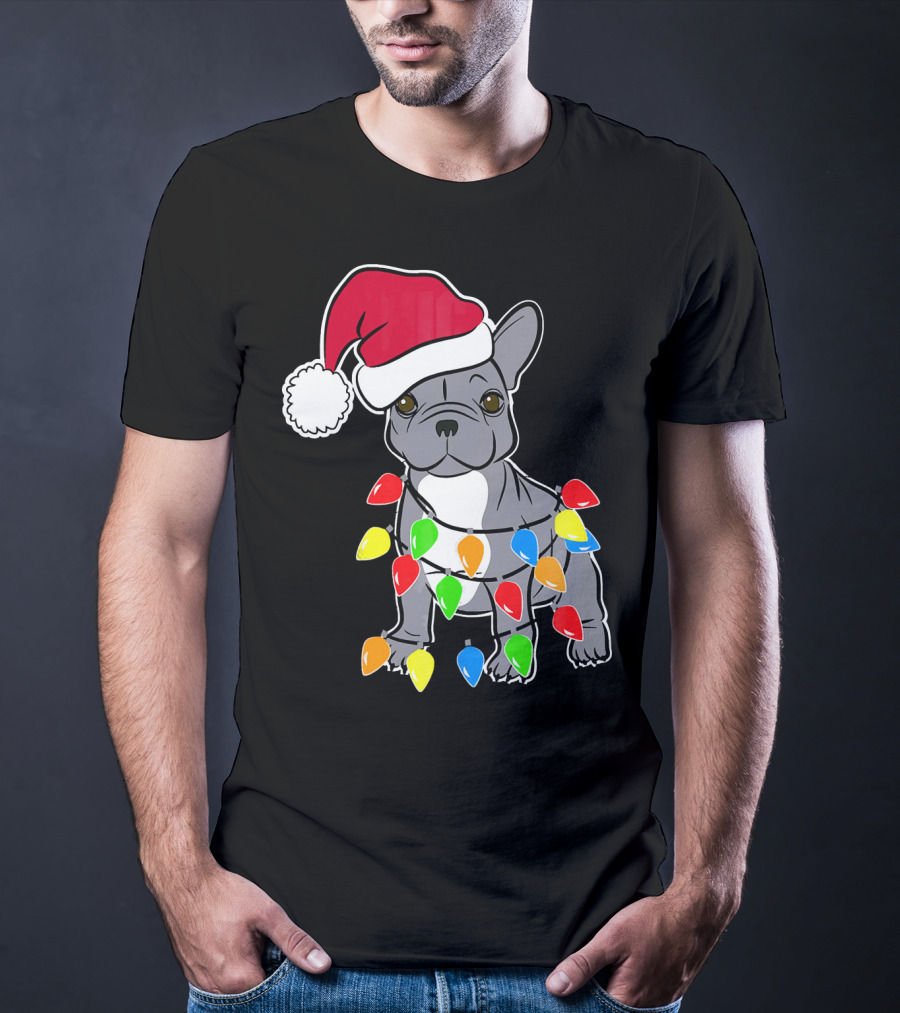 Santa French Bulldog With Christmas Lights T-Shirt