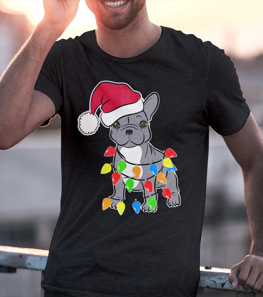 Santa French Bulldog With Christmas Lights T-Shirt