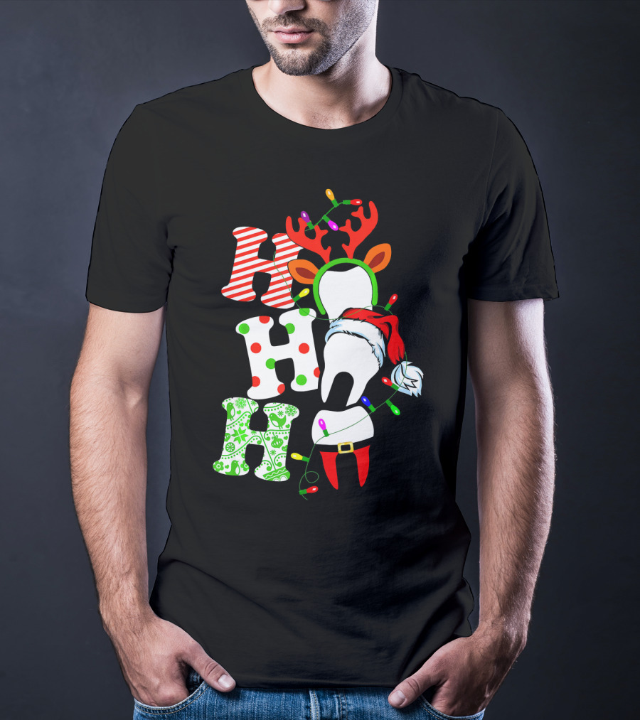 Ho Ho Ho Funny Santa Teeth Christmas Lights Reindeer Antlers T-Shirt
