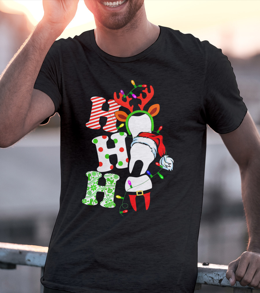Ho Ho Ho Funny Santa Teeth Christmas Lights Reindeer Antlers T-Shirt
