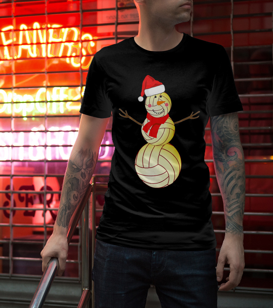 Funny Volleyball Snowman With Santa Hat And Scarf T-Shirt