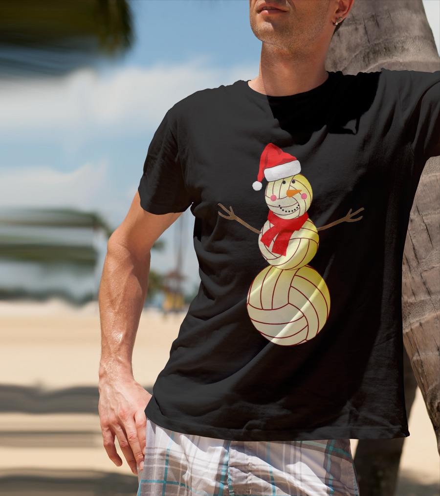 Funny Volleyball Snowman With Santa Hat And Scarf T-Shirt