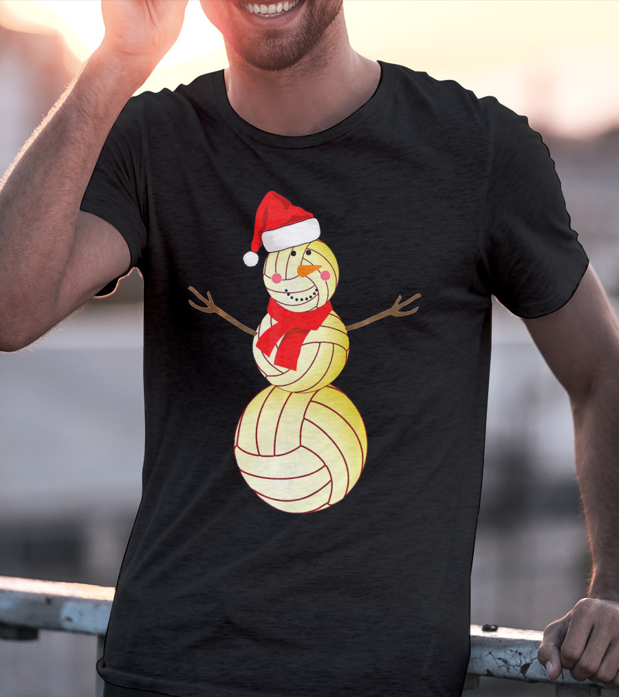 Funny Volleyball Snowman With Santa Hat And Scarf T-Shirt