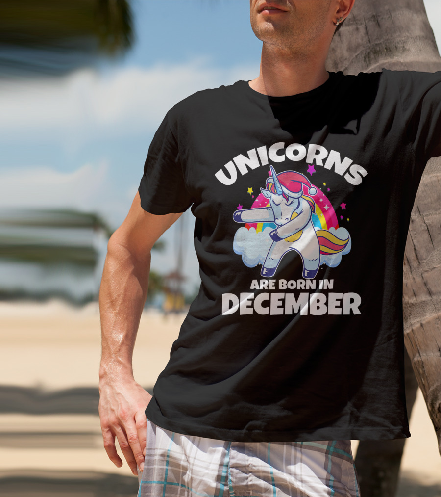Unicorns Are Born In December Dabbing Unicorn Rainbow Stars Santa Hat T-Shirt