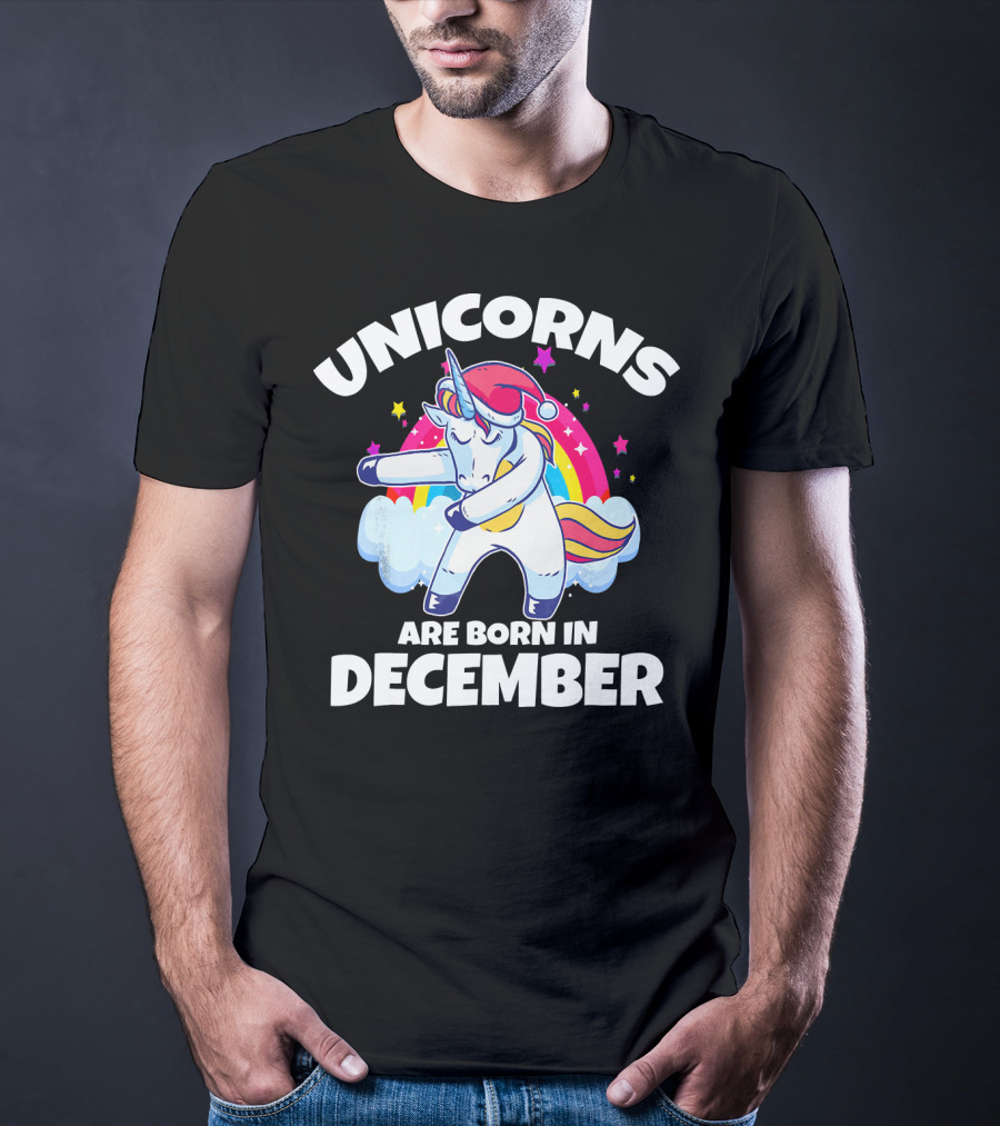Unicorns Are Born In December Dabbing Unicorn Rainbow Stars Santa Hat T-Shirt