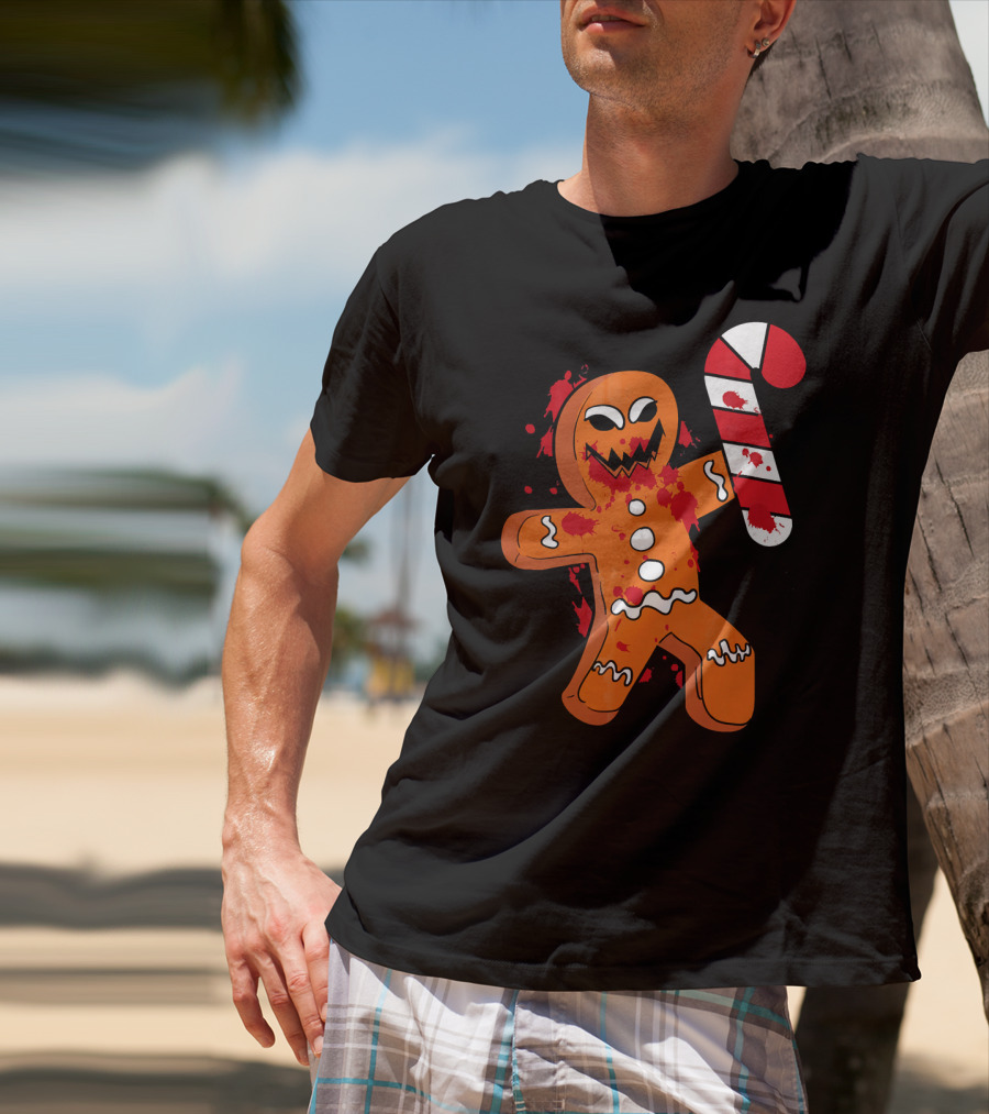 Christmas Horror Scary Gingerbread With Bloody Candy Cane T-Shirt