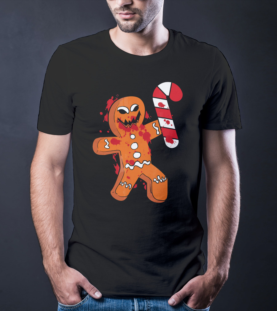 Christmas Horror Scary Gingerbread With Bloody Candy Cane T-Shirt