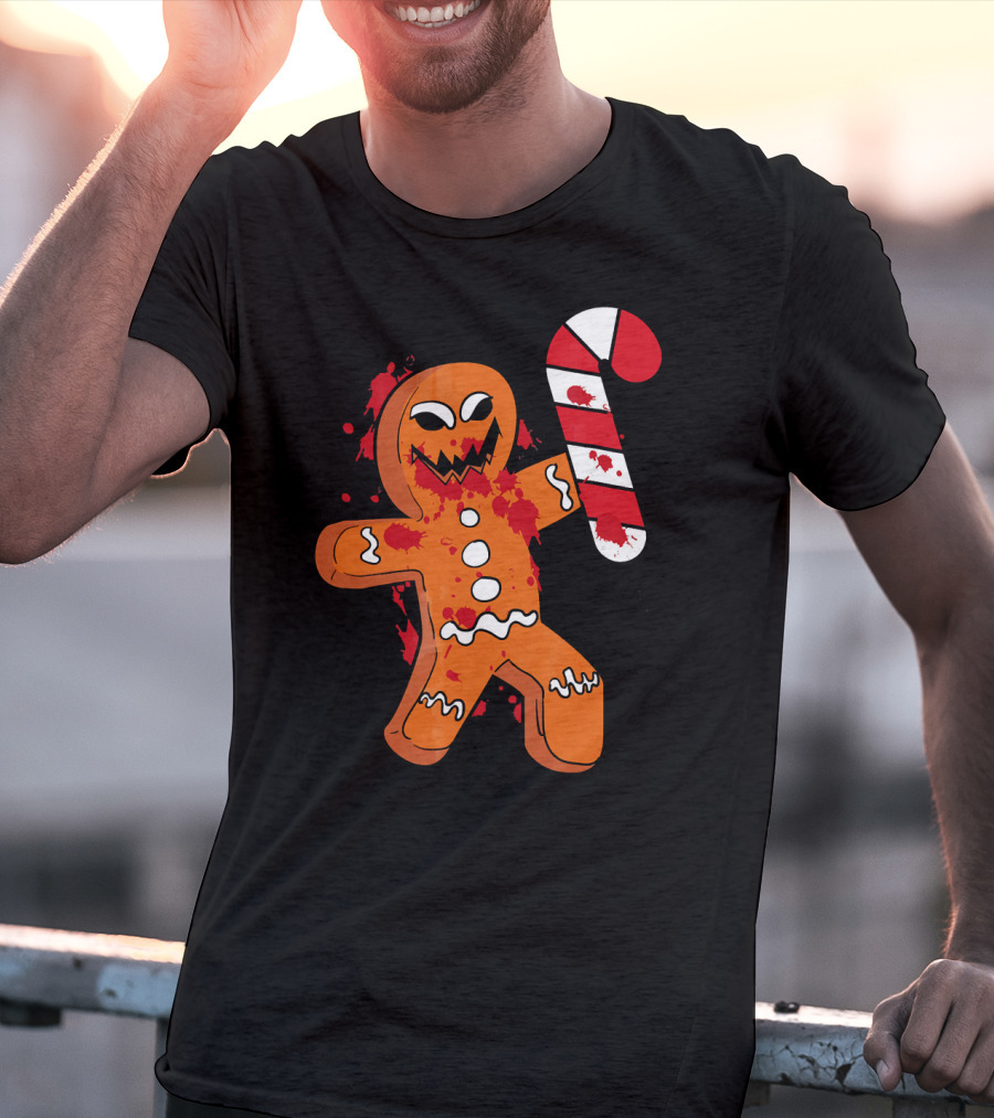 Christmas Horror Scary Gingerbread With Bloody Candy Cane T-Shirt