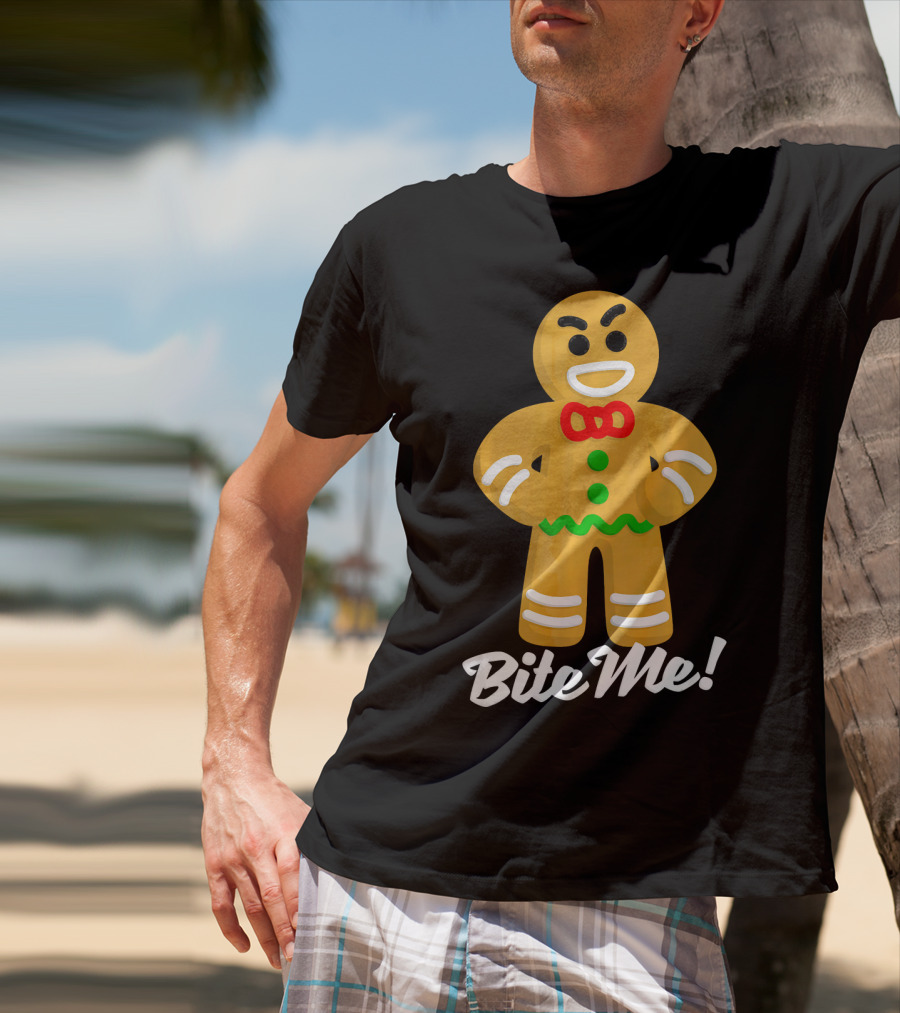 Funny Christmas Gingerbread Man Bite Me T-Shirt