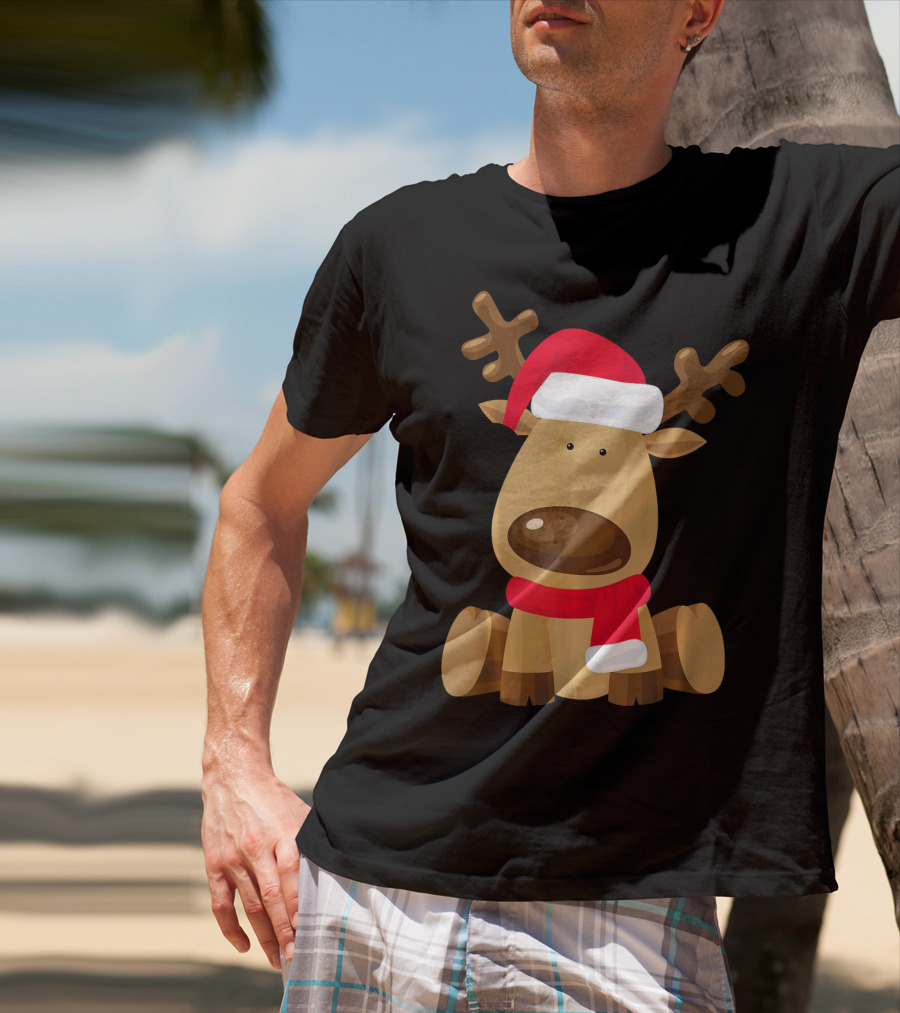 Adorable Festive Reindeer With Santa Hat And Scarf T-Shirt