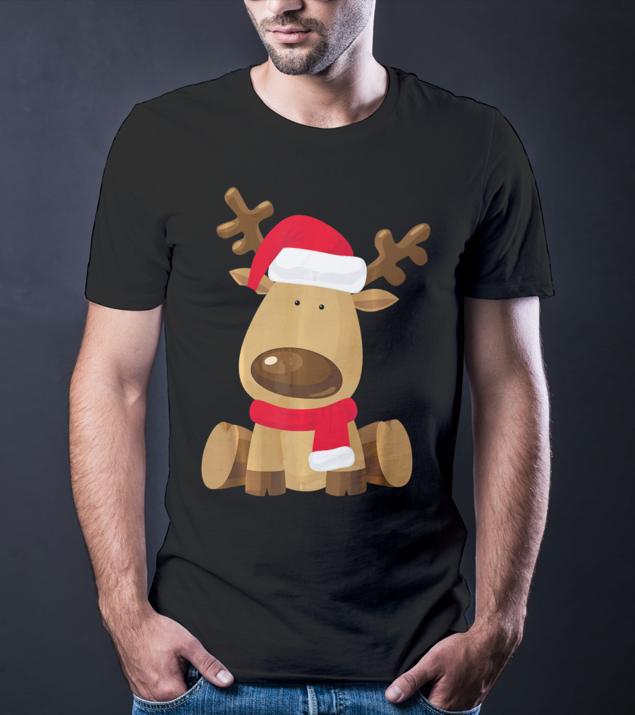 Adorable Festive Reindeer With Santa Hat And Scarf T-Shirt