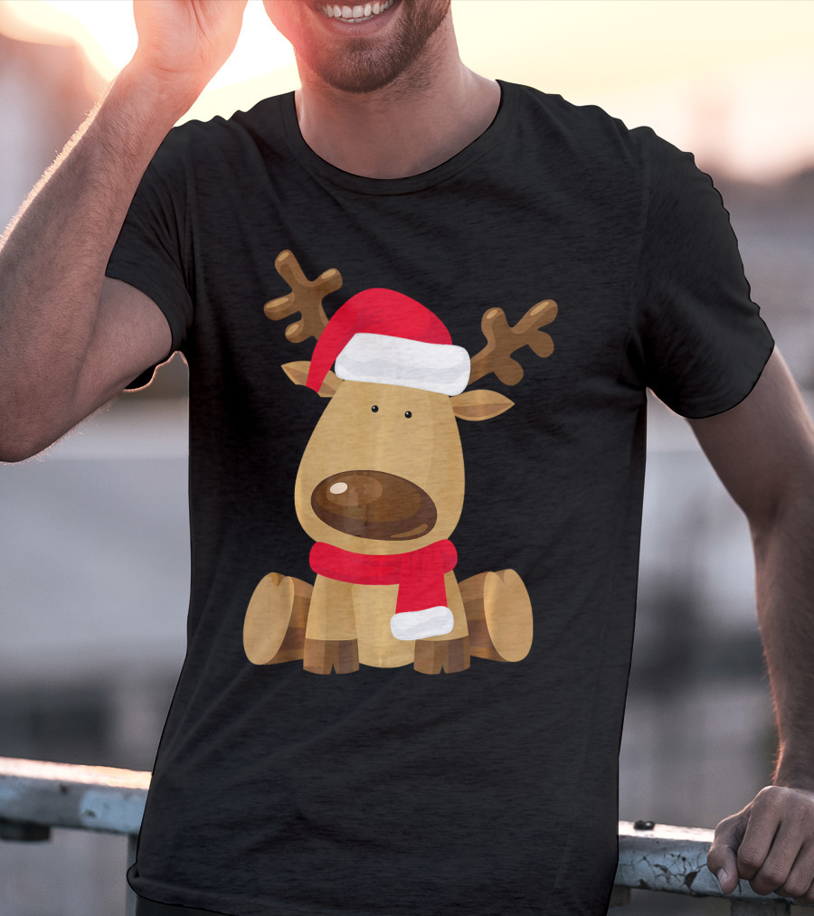 Adorable Festive Reindeer With Santa Hat And Scarf T-Shirt