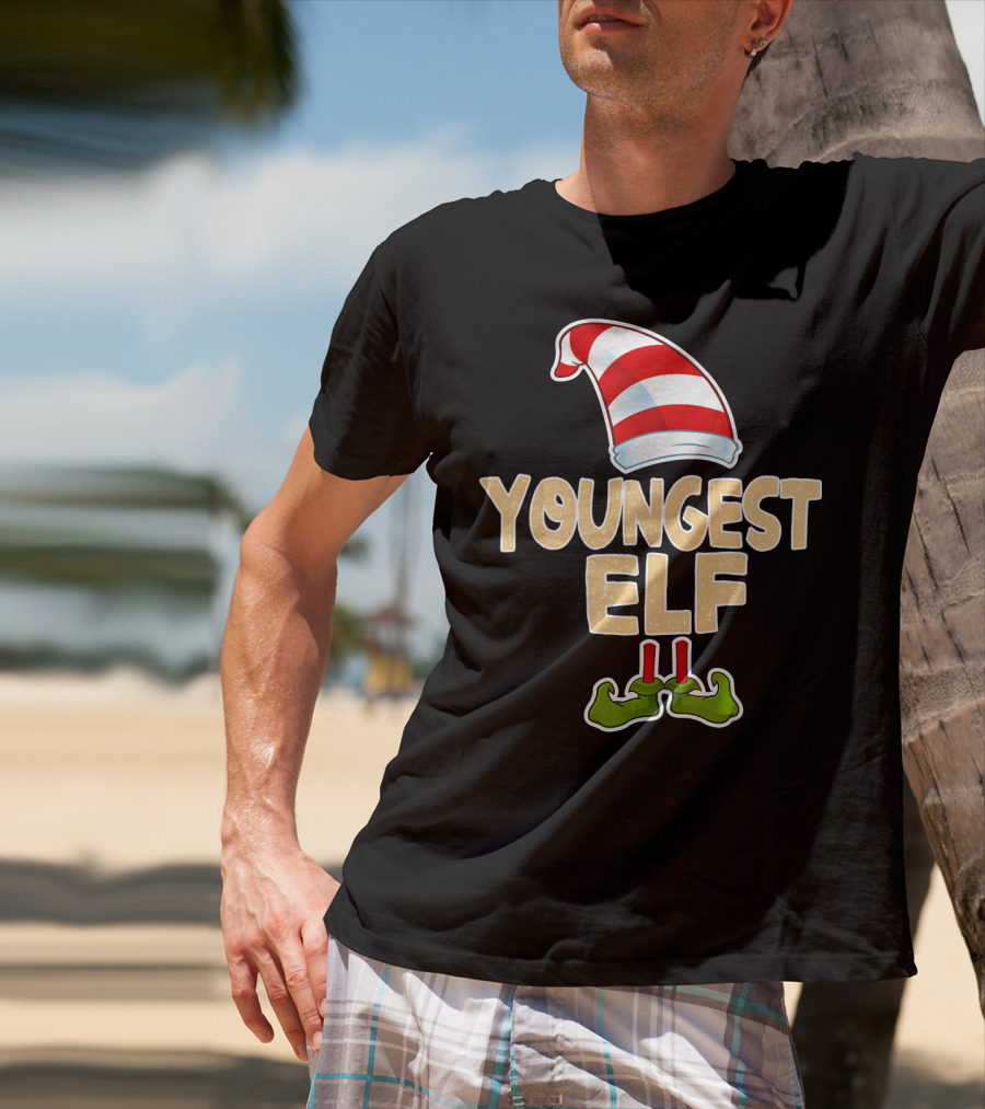 Youngest Elf Hat And Shoes Holiday Humor T-Shirt