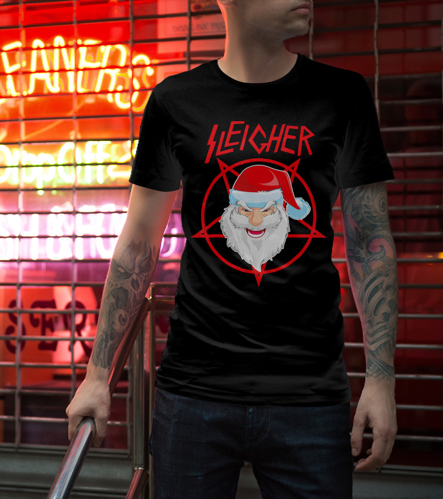 Sleigher Santa Claus Metal Christmas Coo Pentagram Santa Hat T-Shirt