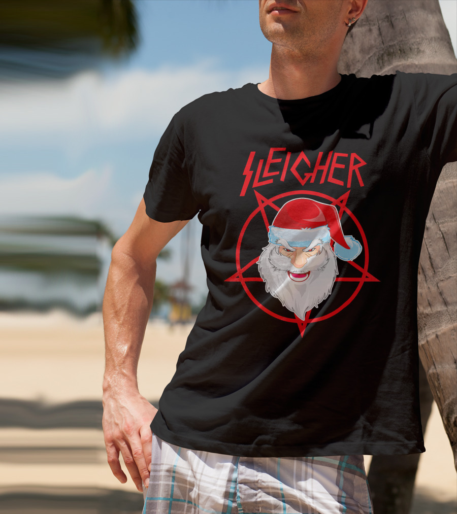 Sleigher Santa Claus Metal Christmas Coo Pentagram Santa Hat T-Shirt