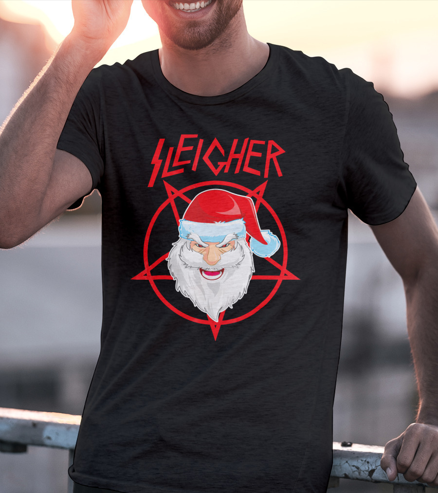 Sleigher Santa Claus Metal Christmas Coo Pentagram Santa Hat T-Shirt