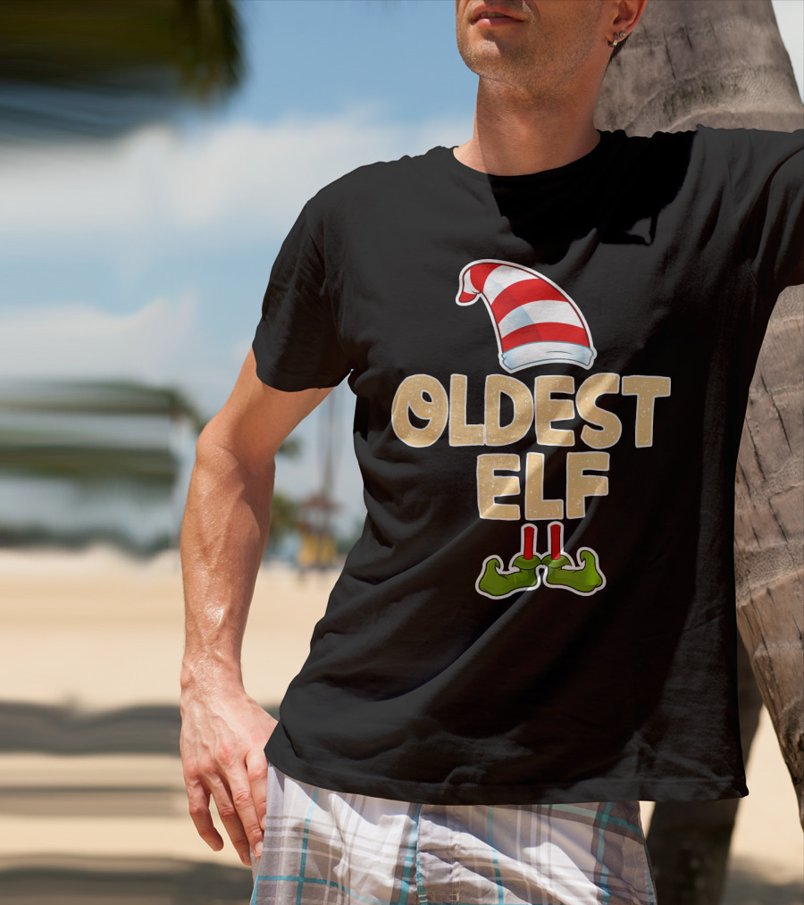 Oldest Elf Santa Hat Striped And Funny Green Shoes T-Shirt