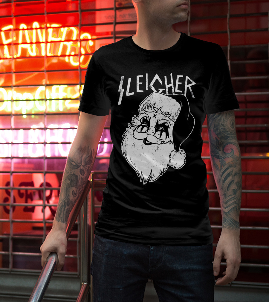 Sleigher Funny Christmas Black Metal Santa T-Shirt