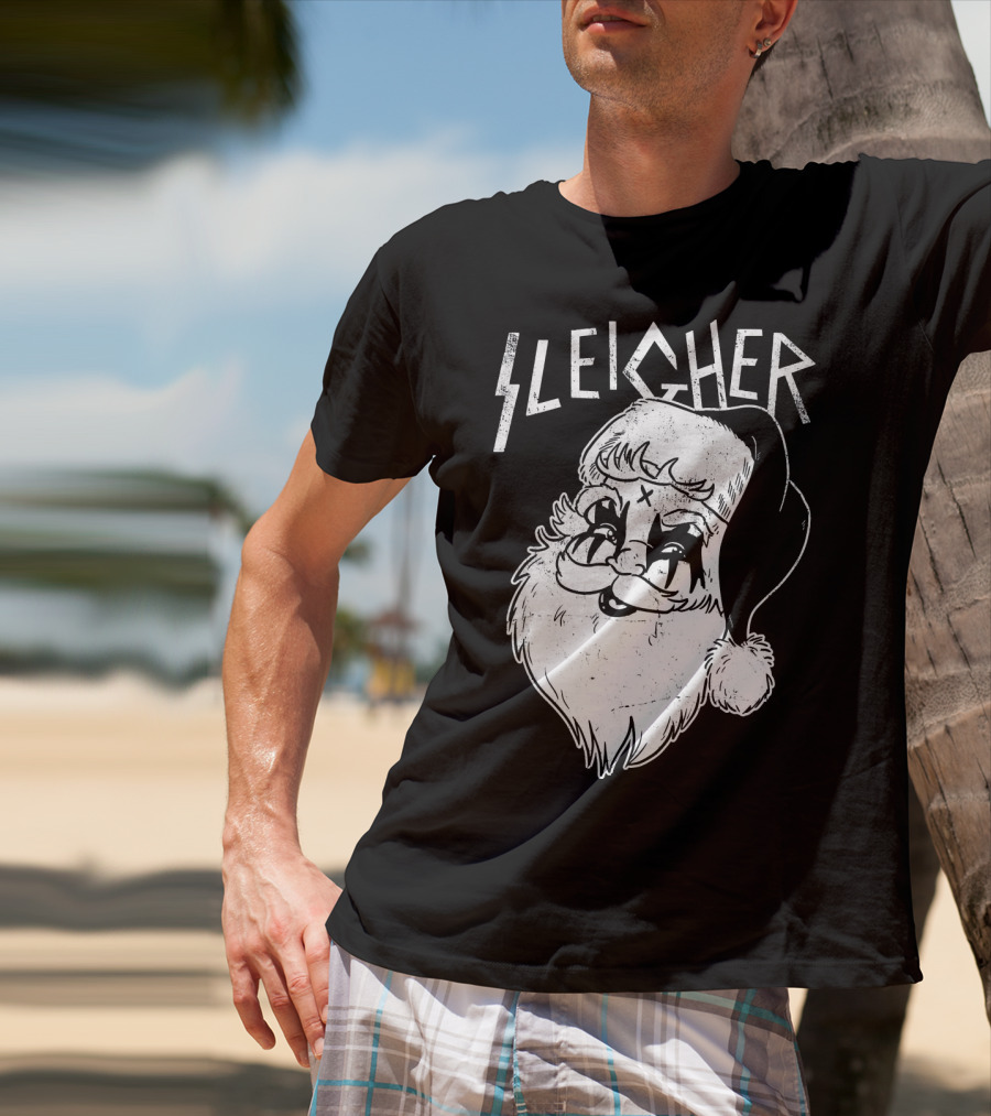 Sleigher Funny Christmas Black Metal Santa T-Shirt