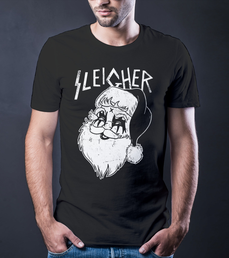 Sleigher Funny Christmas Black Metal Santa T-Shirt