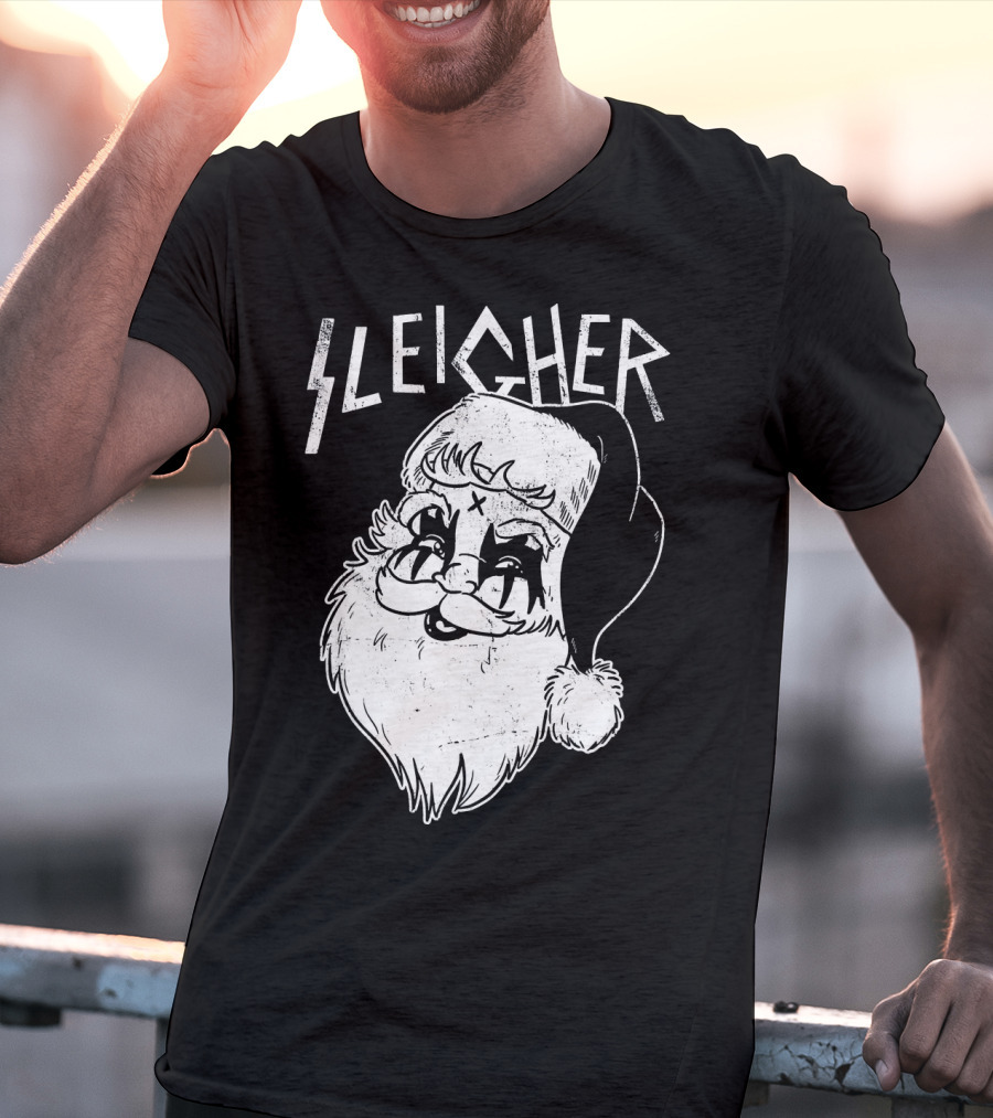 Sleigher Funny Christmas Black Metal Santa T-Shirt