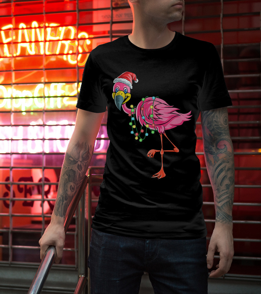 Christmas Flamingo Santa Hat Festive Lights Fun T-Shirt
