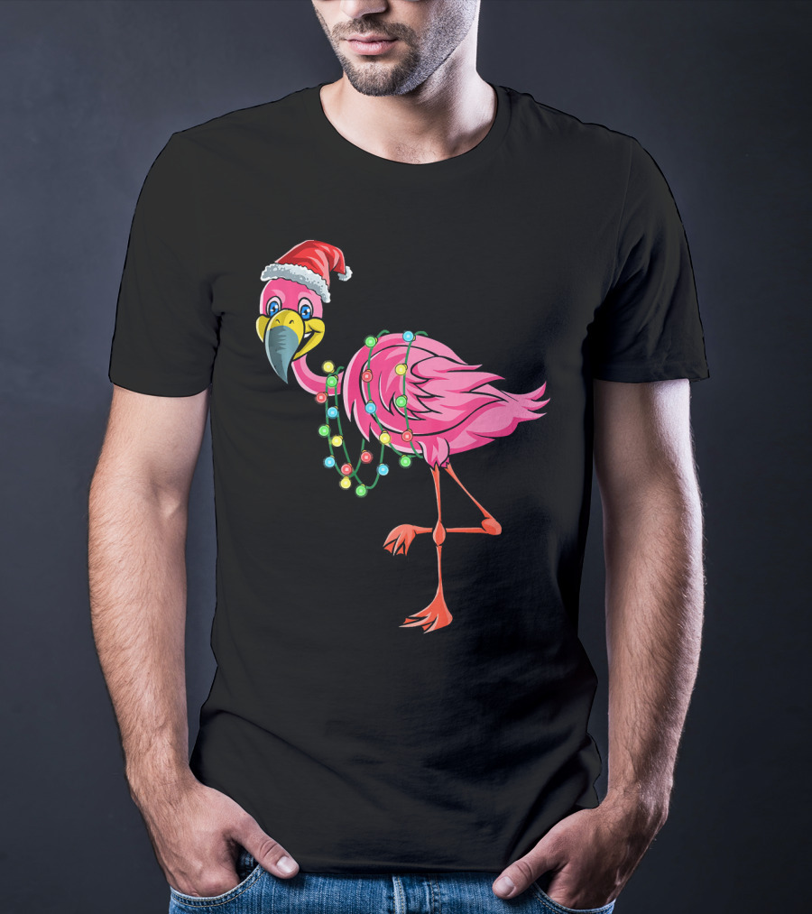 Christmas Flamingo Santa Hat Festive Lights Fun T-Shirt