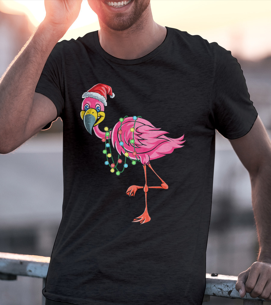 Christmas Flamingo Santa Hat Festive Lights Fun T-Shirt