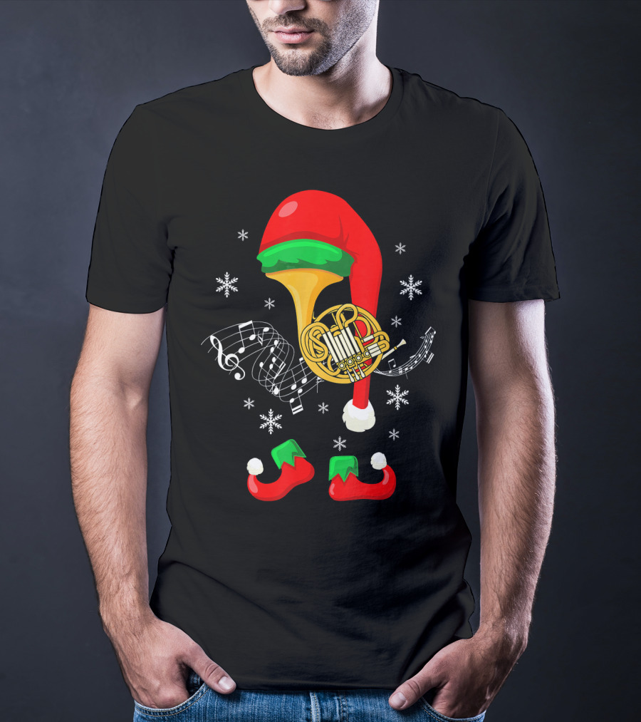 Elf French Horn Music With Christmas Hat And Shoes T-Shirt