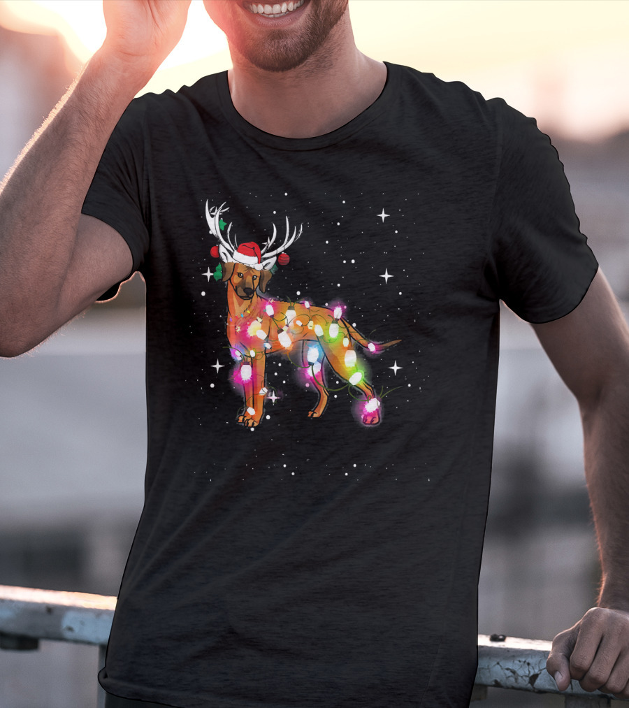 Christmas Lights Rhodesian Ridgeback Dog With Antlers Santa Hat T-Shirt