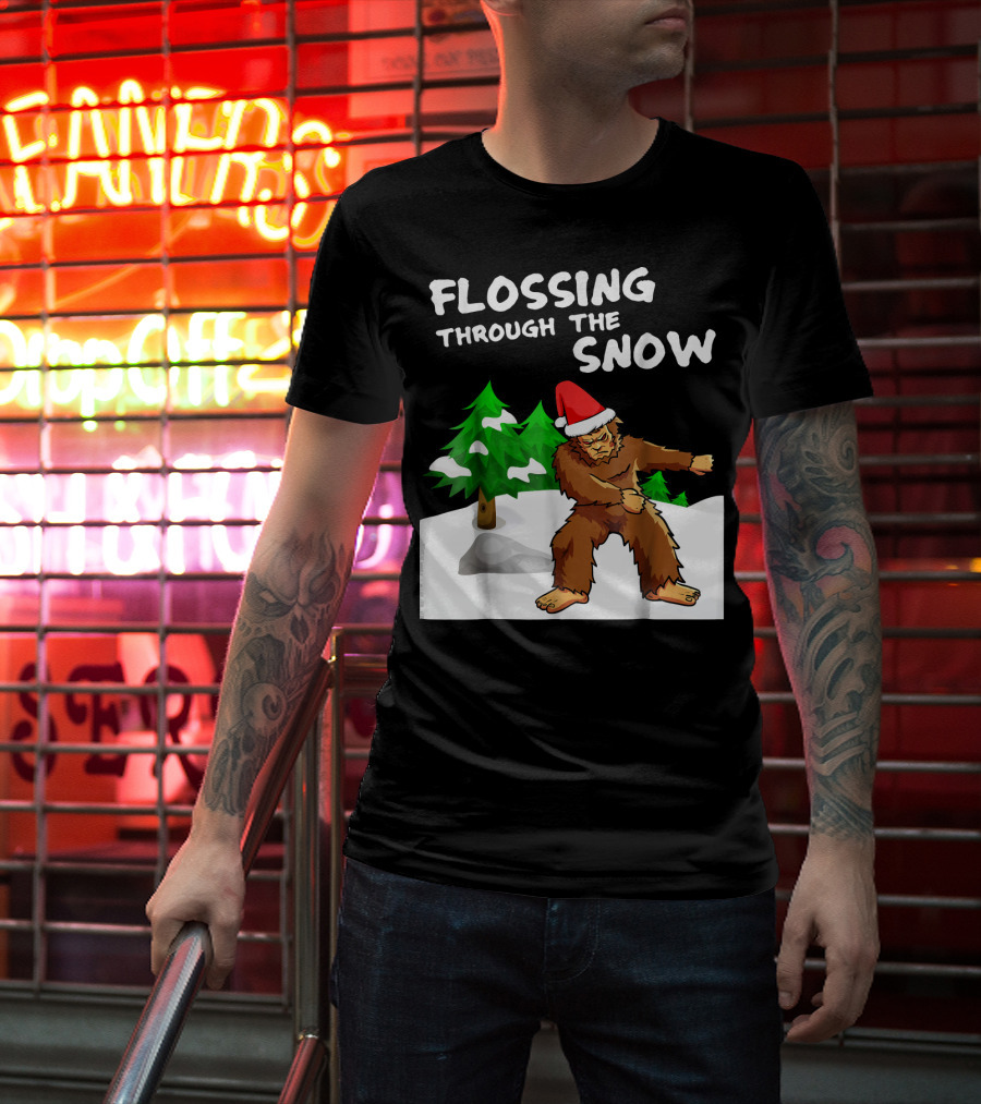 Flossing Through The Snow Bigfoot Santa Hat Winter Scene T-Shirt
