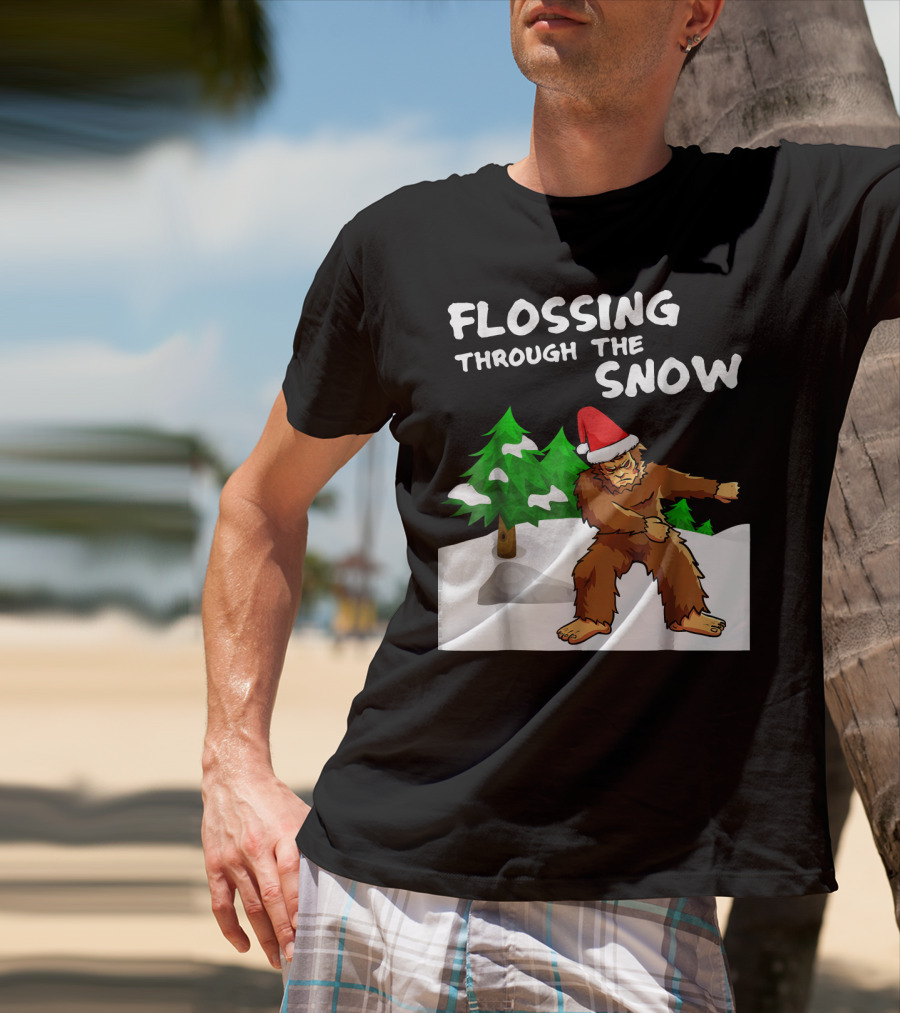 Flossing Through The Snow Bigfoot Santa Hat Winter Scene T-Shirt