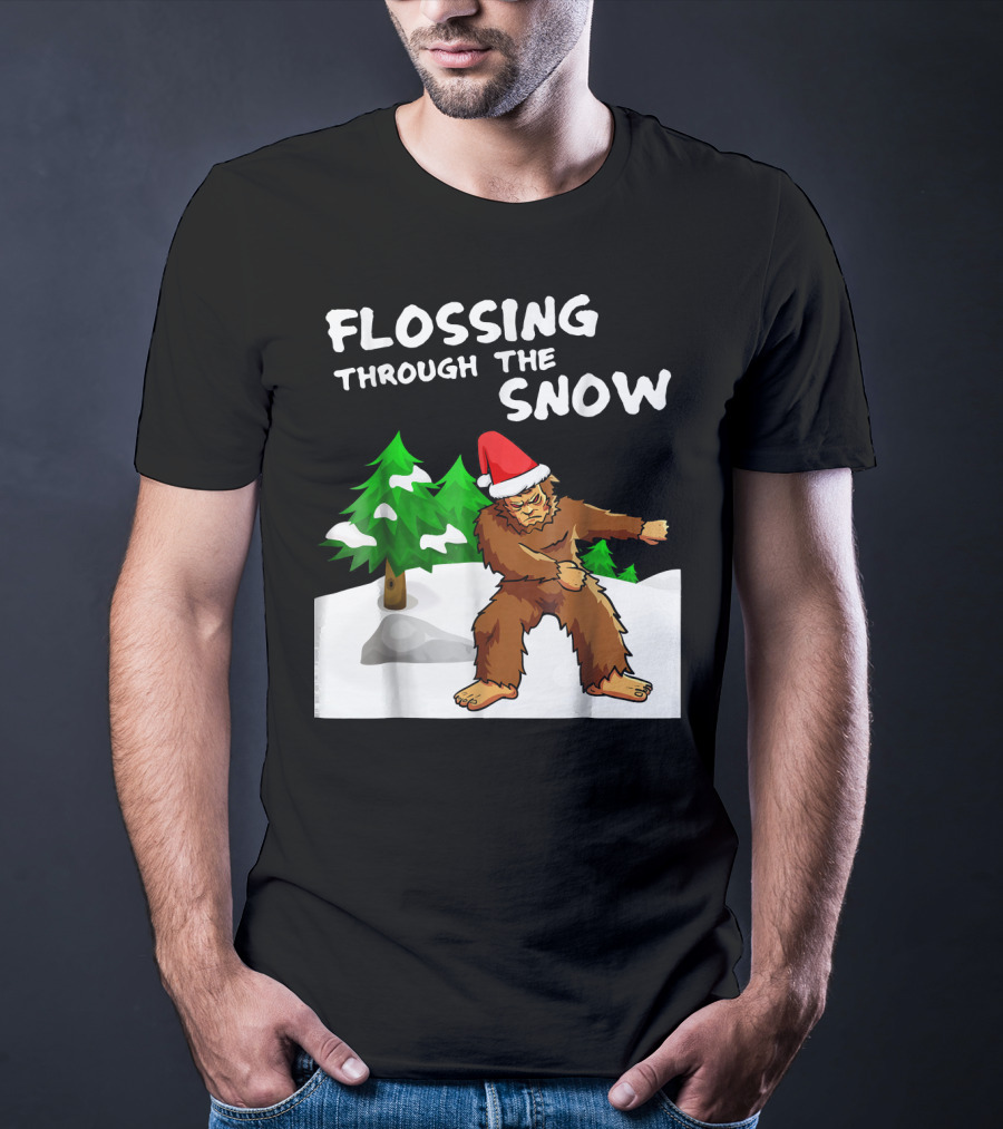 Flossing Through The Snow Bigfoot Santa Hat Winter Scene T-Shirt