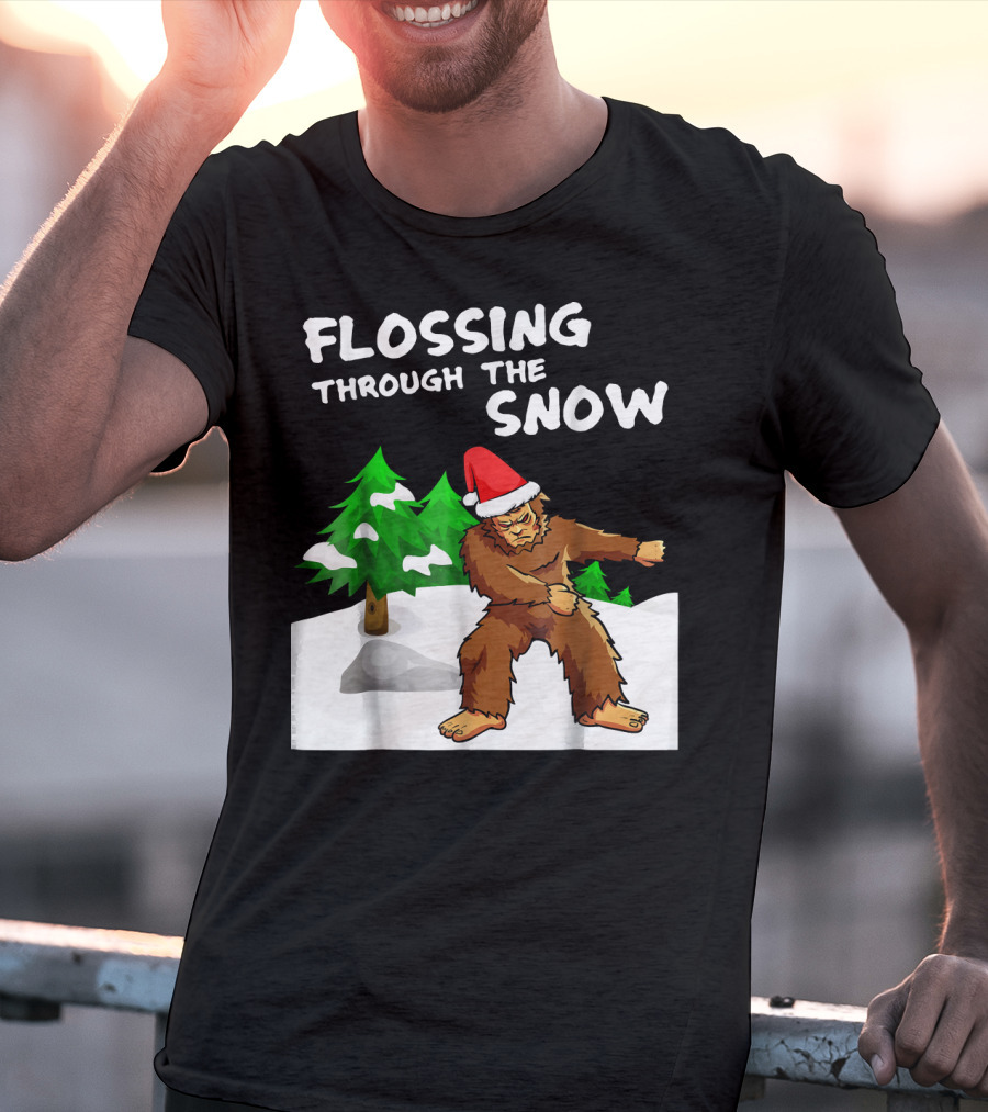 Flossing Through The Snow Bigfoot Santa Hat Winter Scene T-Shirt