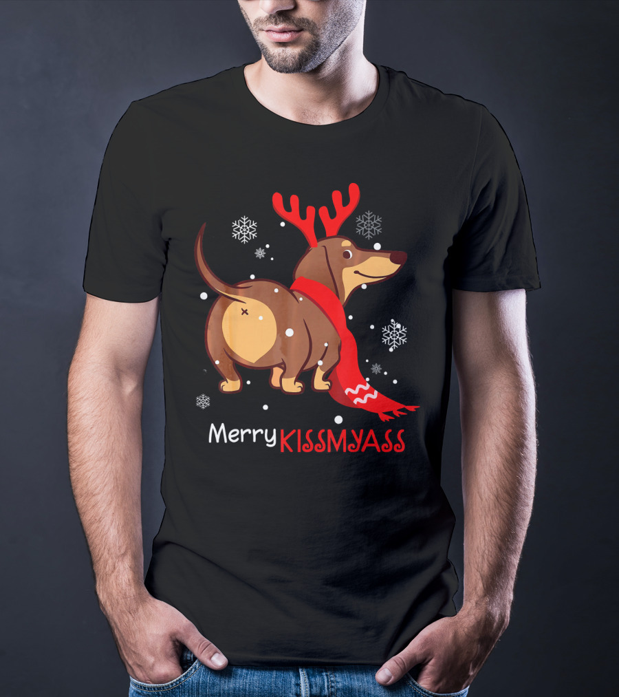 Funny Dog Dachshund Christmas Merry Kiss My Ass T-Shirt